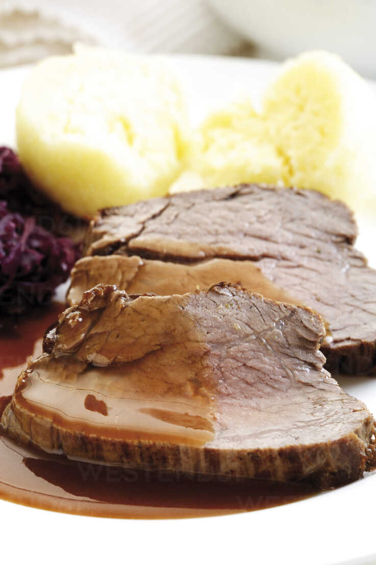Roast Beef With Side Dishes Close Up Stockphoto