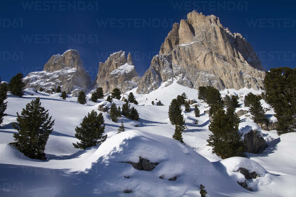 Italy Dolomites Langkofel View Of Rock And Snow In Winter Stockphoto