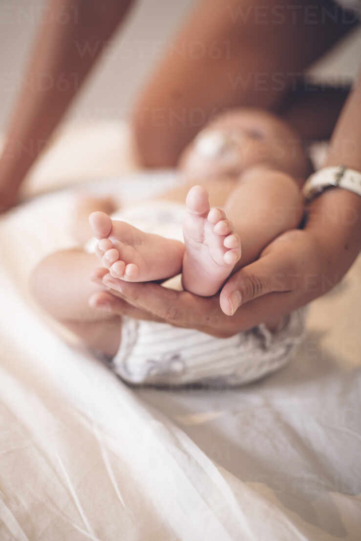 Download Mother S Hand Holding Tiny Feet Of Baby Boy Close Up Stockphoto