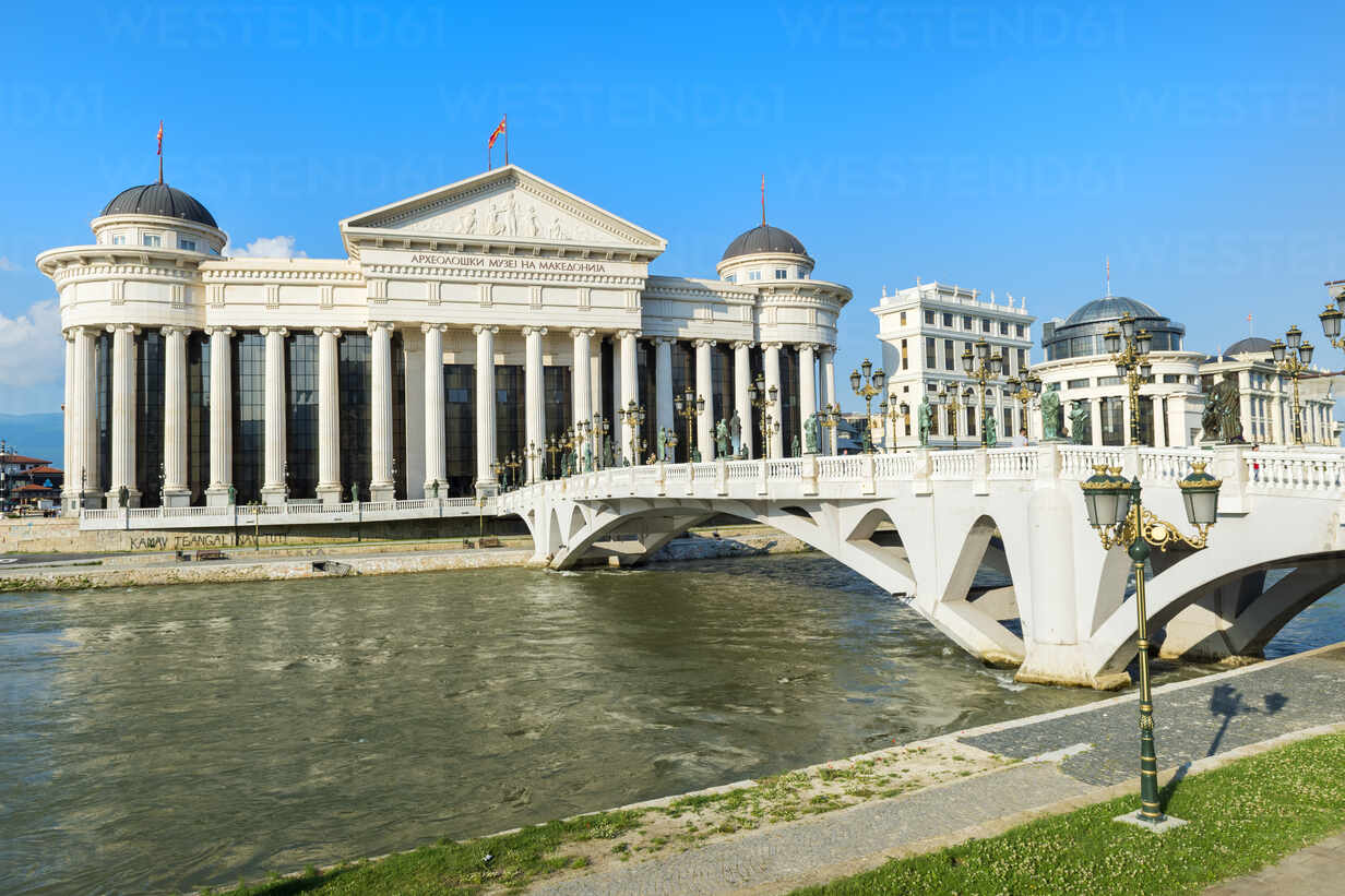 Archaeological Museum Of Macedonia Along The Vardar River And Eye Bridge Skopje Macedonia Europe Stockphoto