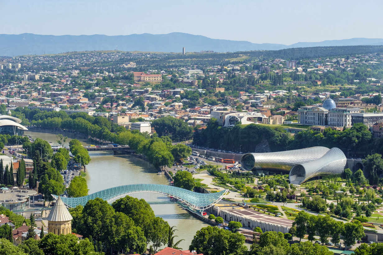 Central Tbilisi Rike Park And Bridge Of Peace On The Kura Mtkvari River Tbilisi Georgia Stockphoto