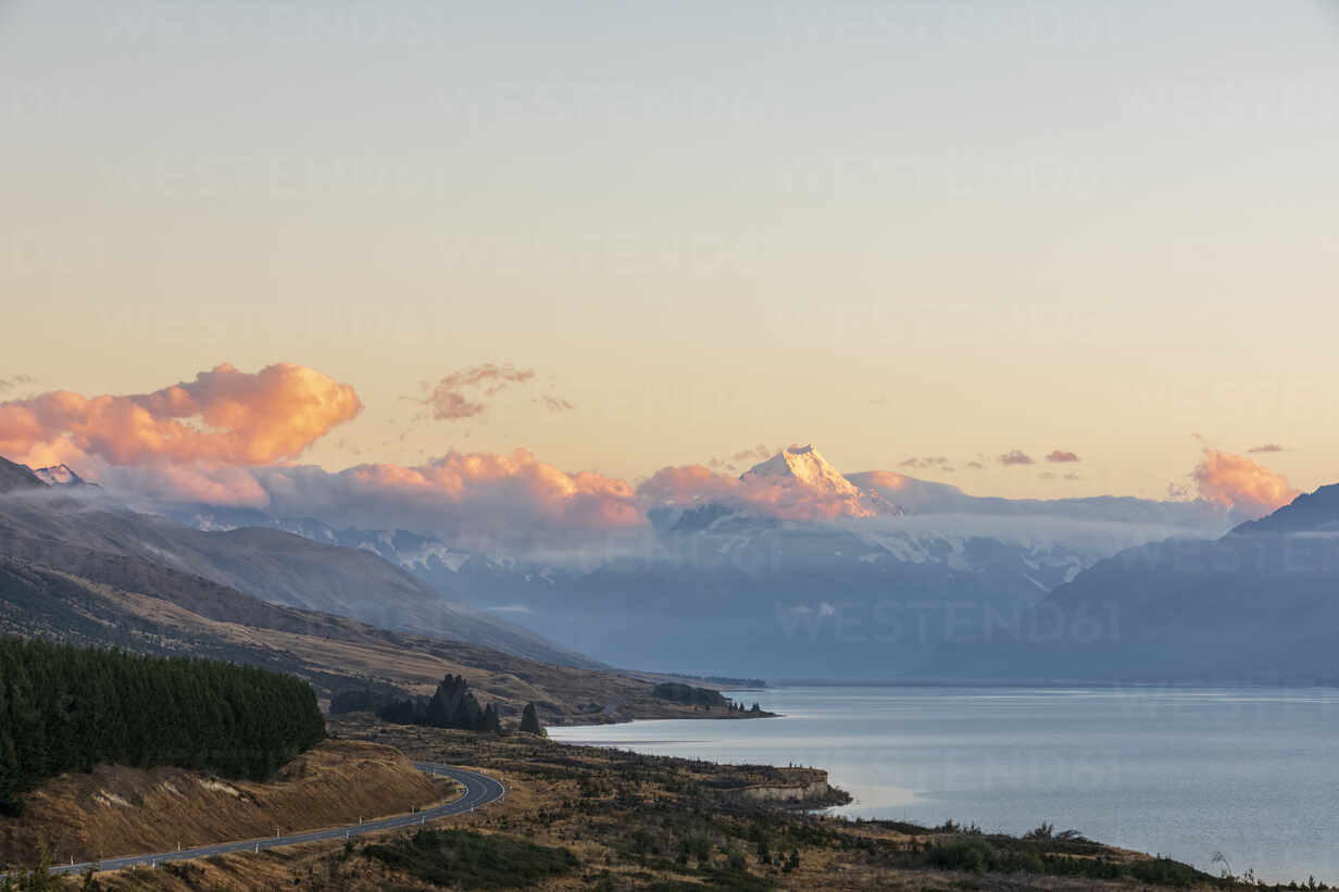 New Zealand Scenic View Of New Zealand State Highway 80 Stretching Along Shore Of Lake Pukaki
