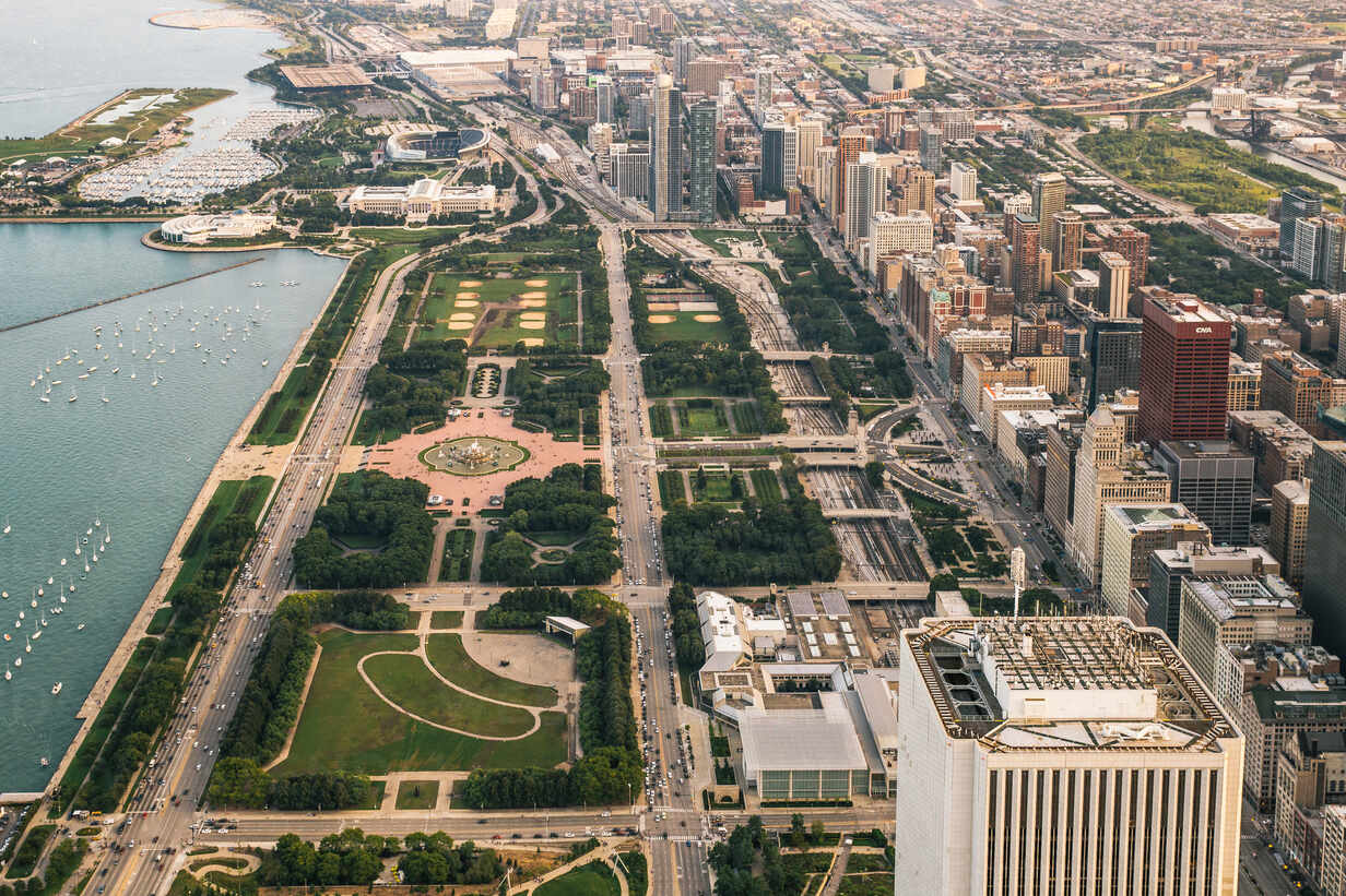 Aerial view of Grant Park during the day, Chicago, United States