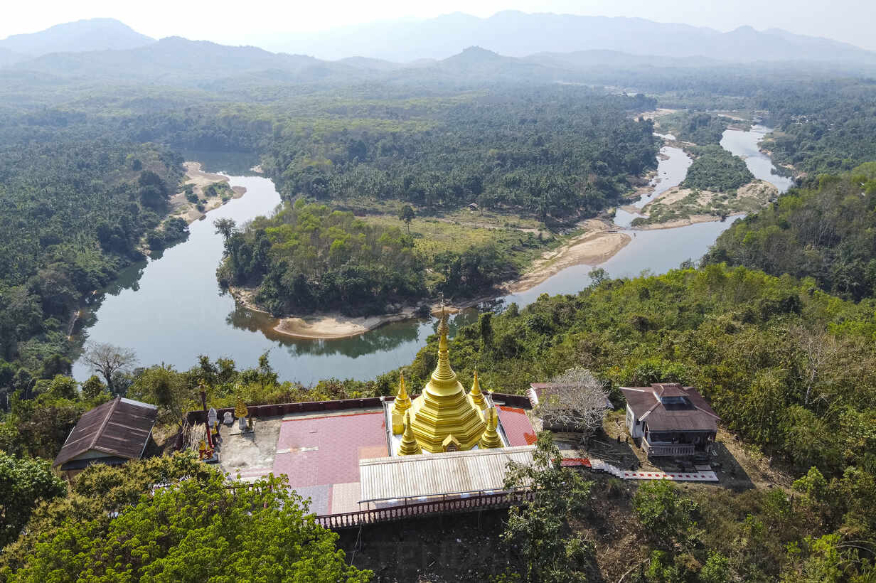 Myanmar Mon State Kyaing Ywar Aerial View Of Buddhist Temple On Bank Of Ye River Stockphoto