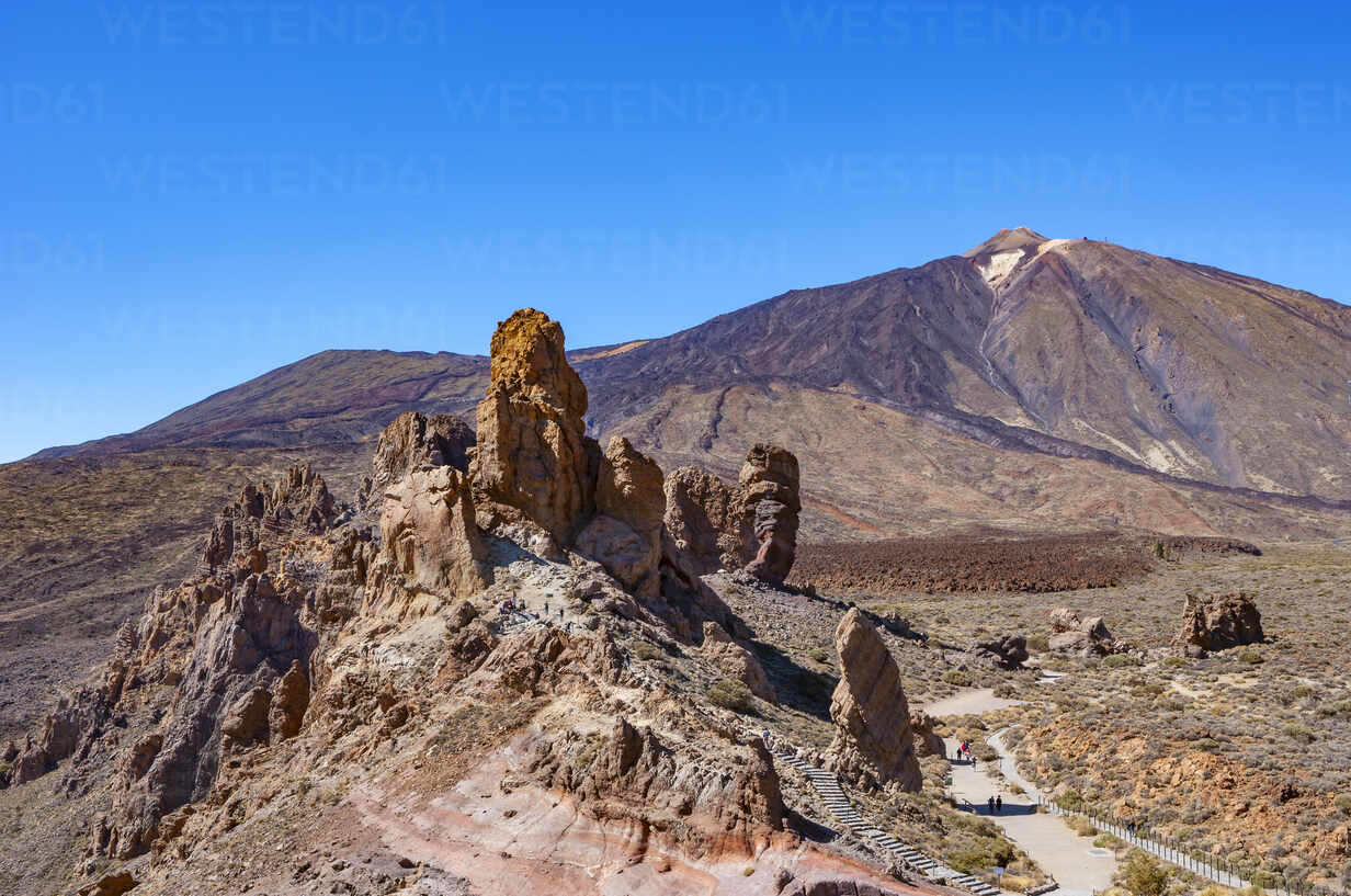 Spain Santa Cruz De Tenerife Roques De Garcia Formation In Teide National Park With Mount Teide